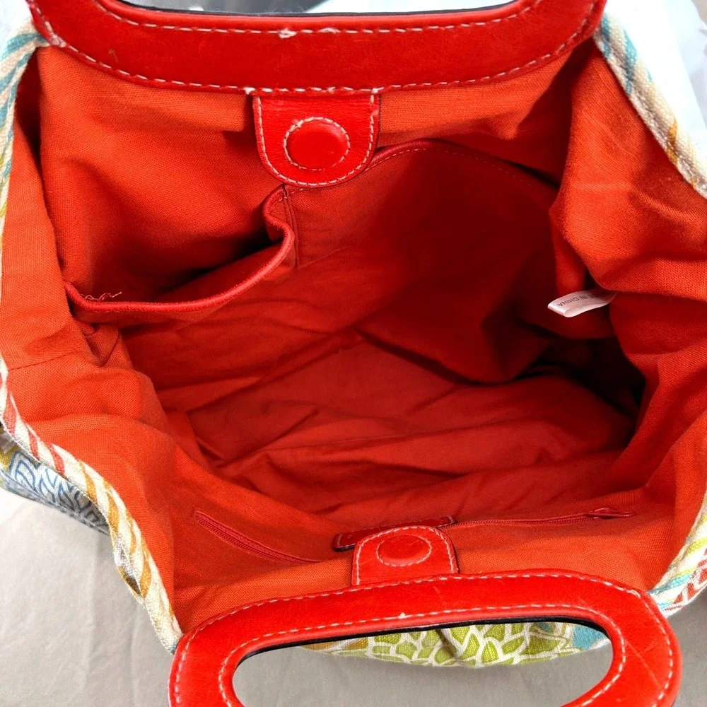 Womens Retro Floral Canvas Satchel Multicolor‎ Red Leather Trim Fossil Key-Per